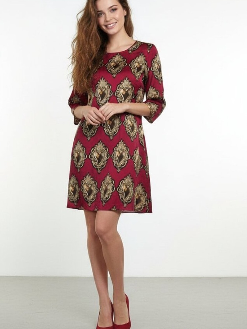 Dolce & Gabbana Burgundy Dress with Gold Baroque Print